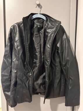 Kenneth Cole Black Faux Leather Zip-Front Bomber Jacket